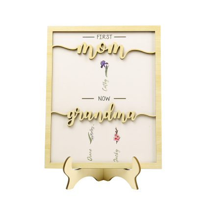 3 Names - Personalized Customized Birth Flower Home Frame Wooden Decoration for Mom/Grandma