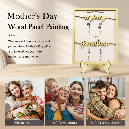 4 Names - Personalized Customized Birth Flower Home Frame Wooden Decoration for Mom/Grandma