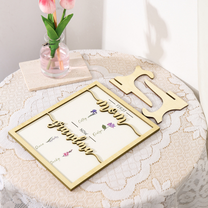 4 Names - Personalized Customized Birth Flower Home Frame Wooden Decoration for Mom/Grandma