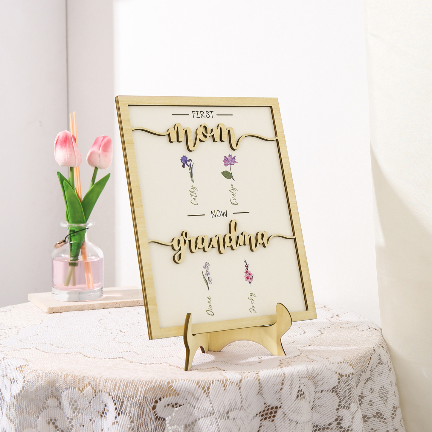 4 Names - Personalized Customized Birth Flower Home Frame Wooden Decoration for Mom/Grandma