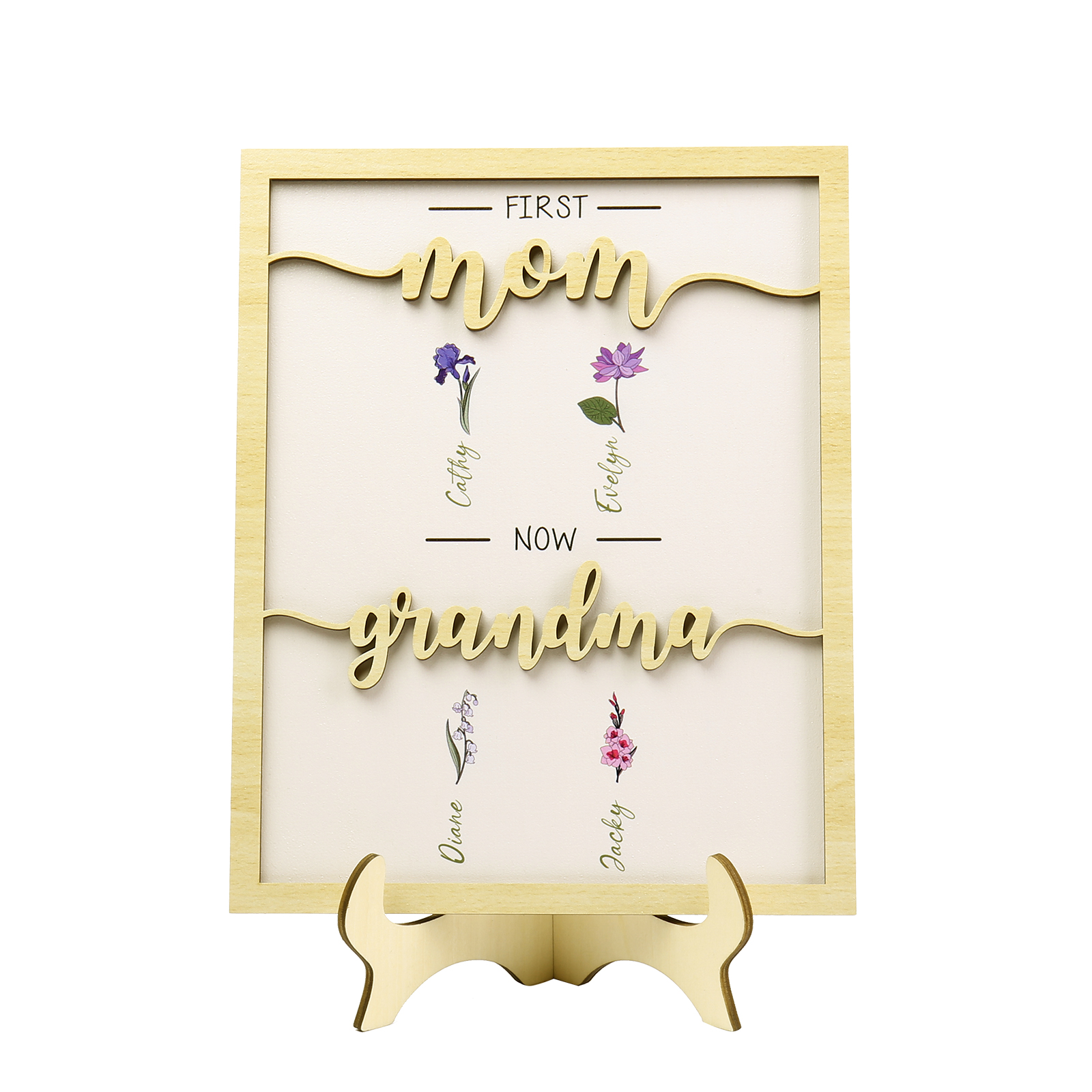 4 Names - Personalized Customized Birth Flower Home Frame Wooden Decoration for Mom/Grandma