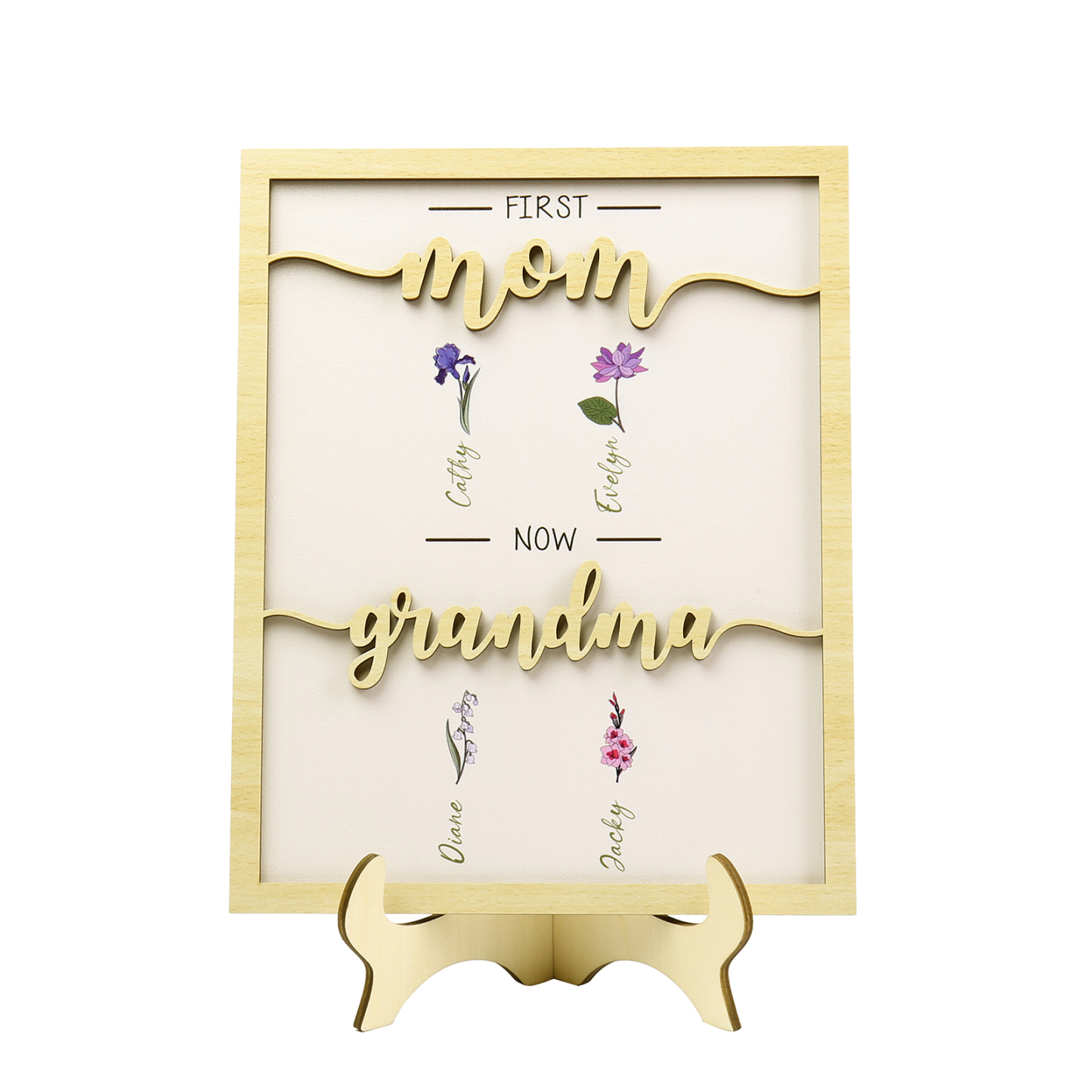 4 Names - Personalized Customized Birth Flower Home Frame Wooden Decoration for Mom/Grandma
