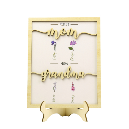 4 Names - Personalized Customized Birth Flower Home Frame Wooden Decoration for Mom/Grandma
