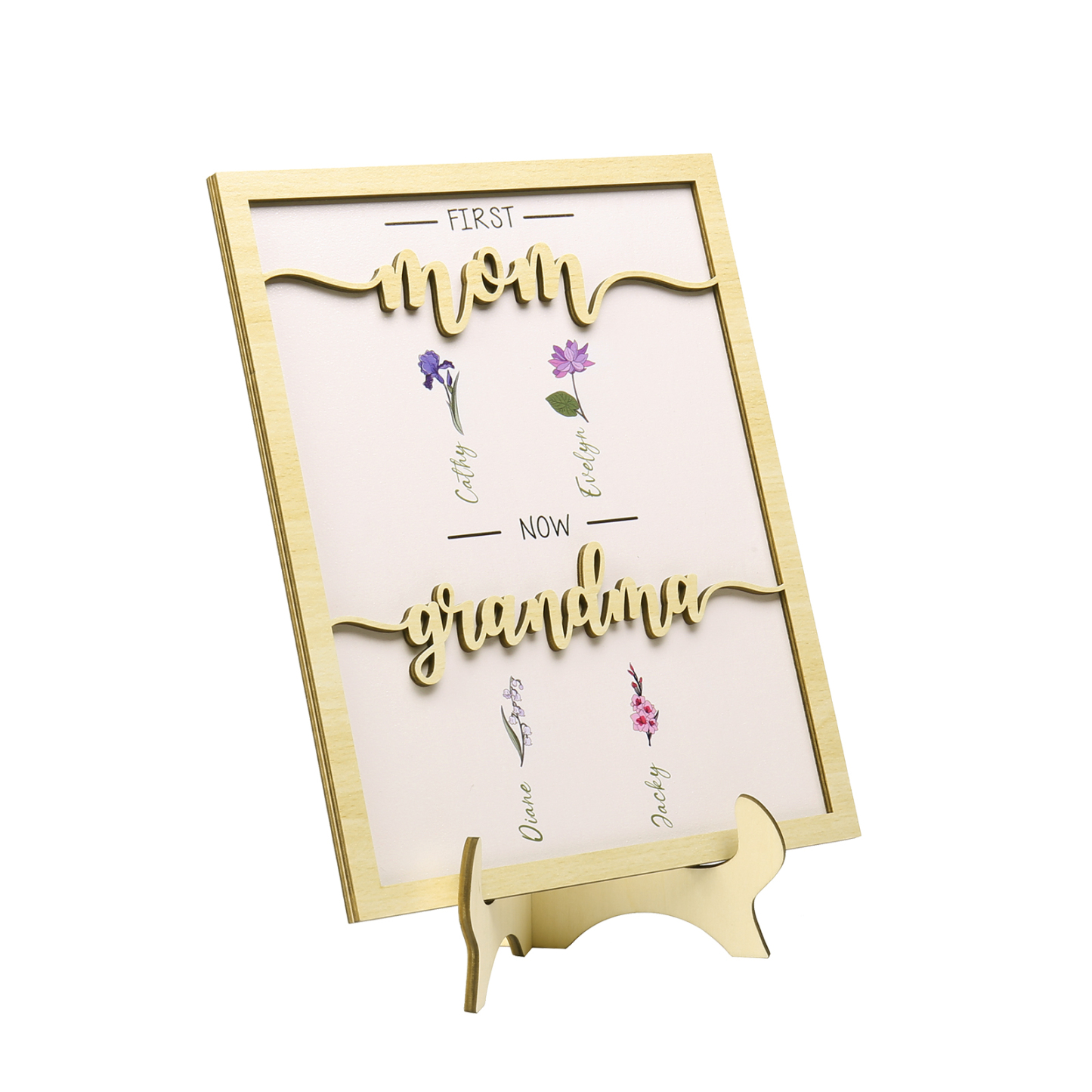 4 Names - Personalized Customized Birth Flower Home Frame Wooden Decoration for Mom/Grandma