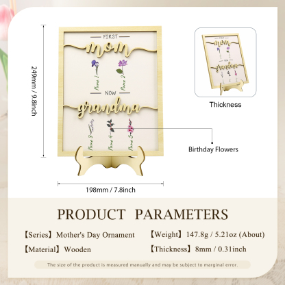 5 Names - Personalized Customized Birth Flower Home Frame Wooden Decoration for Mom/Grandma