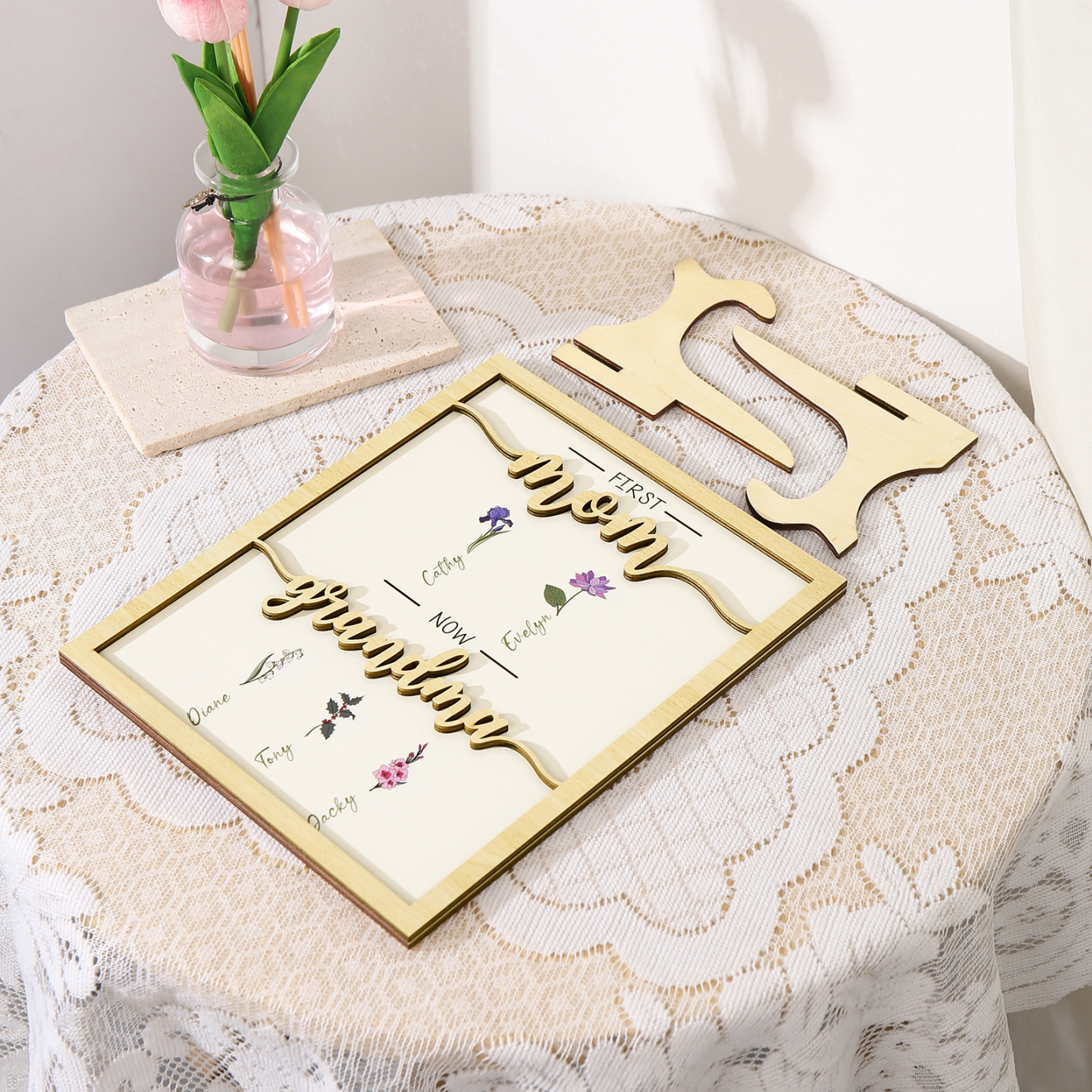 5 Names - Personalized Customized Birth Flower Home Frame Wooden Decoration for Mom/Grandma