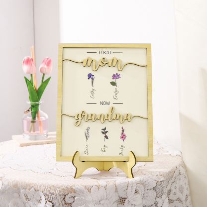 5 Names - Personalized Customized Birth Flower Home Frame Wooden Decoration for Mom/Grandma