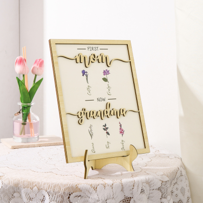 5 Names - Personalized Customized Birth Flower Home Frame Wooden Decoration for Mom/Grandma