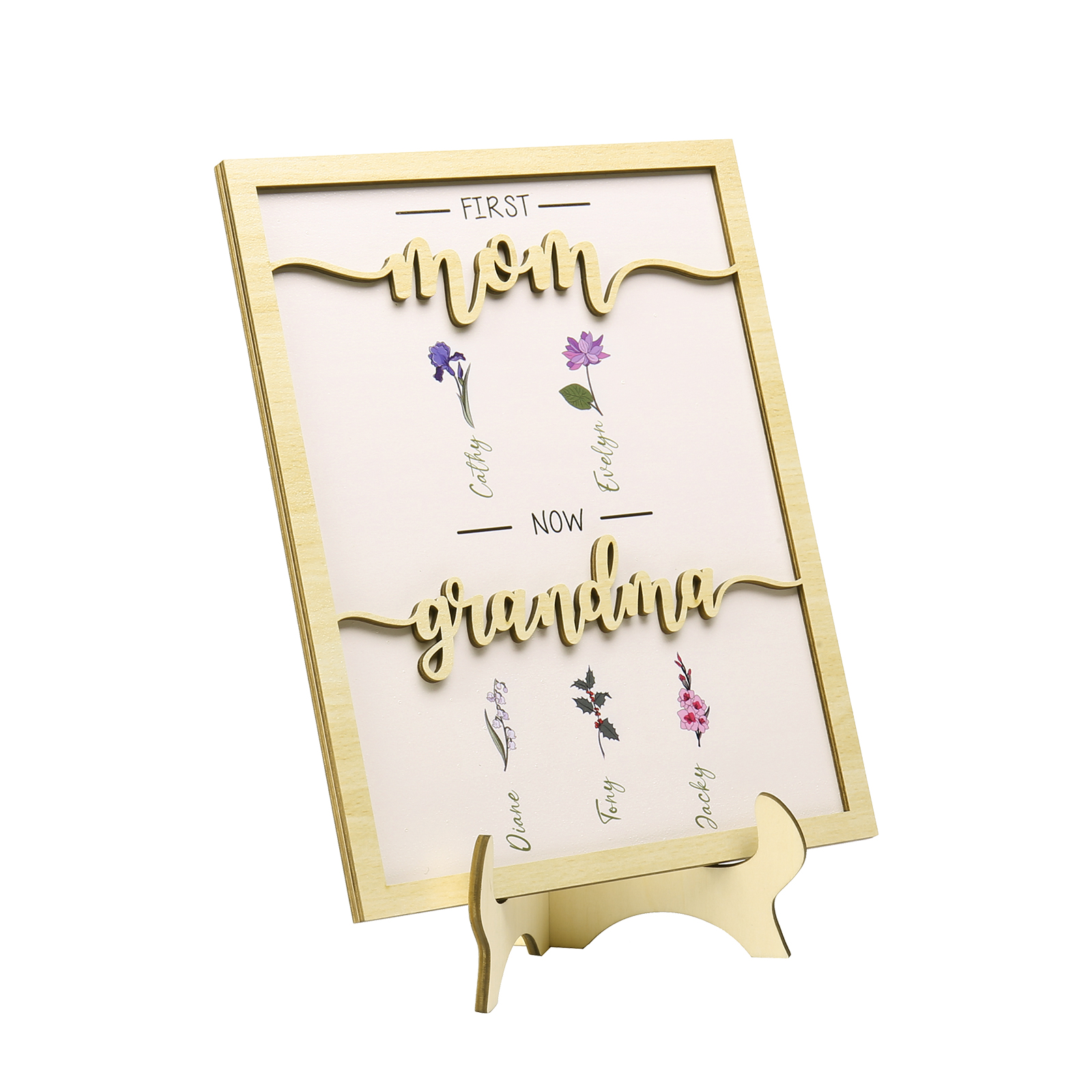 5 Names - Personalized Customized Birth Flower Home Frame Wooden Decoration for Mom/Grandma