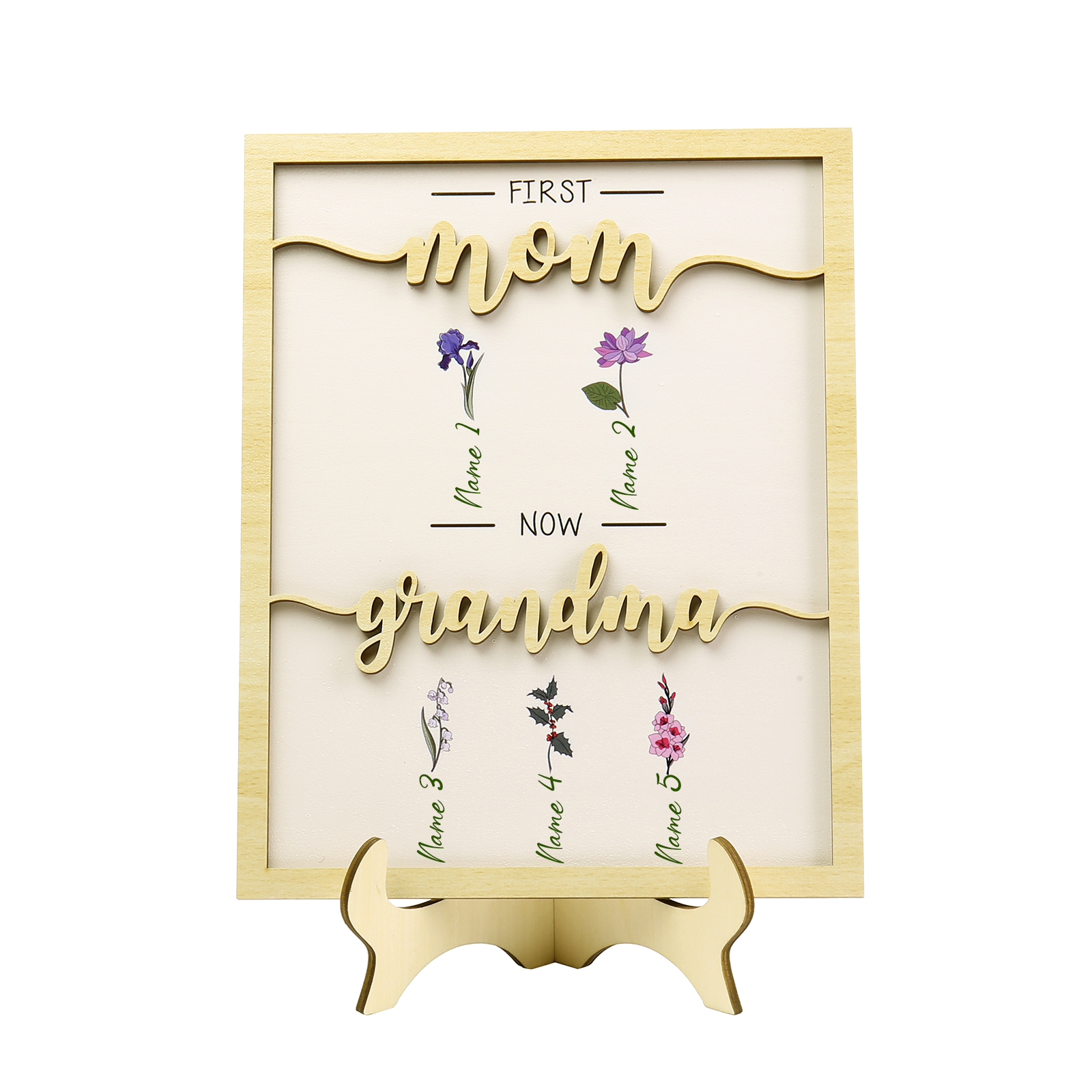 5 Names - Personalized Customized Birth Flower Home Frame Wooden Decoration for Mom/Grandma