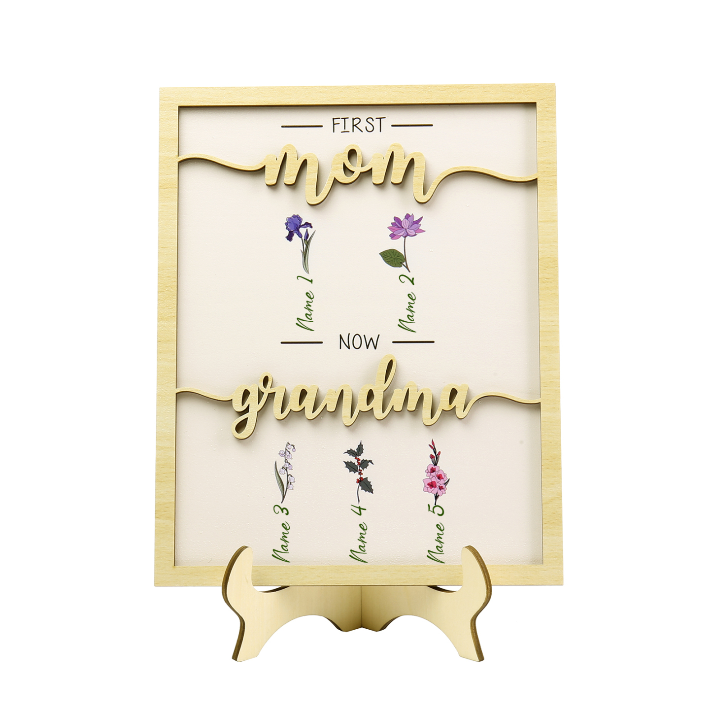 5 Names - Personalized Customized Birth Flower Home Frame Wooden Decoration for Mom/Grandma