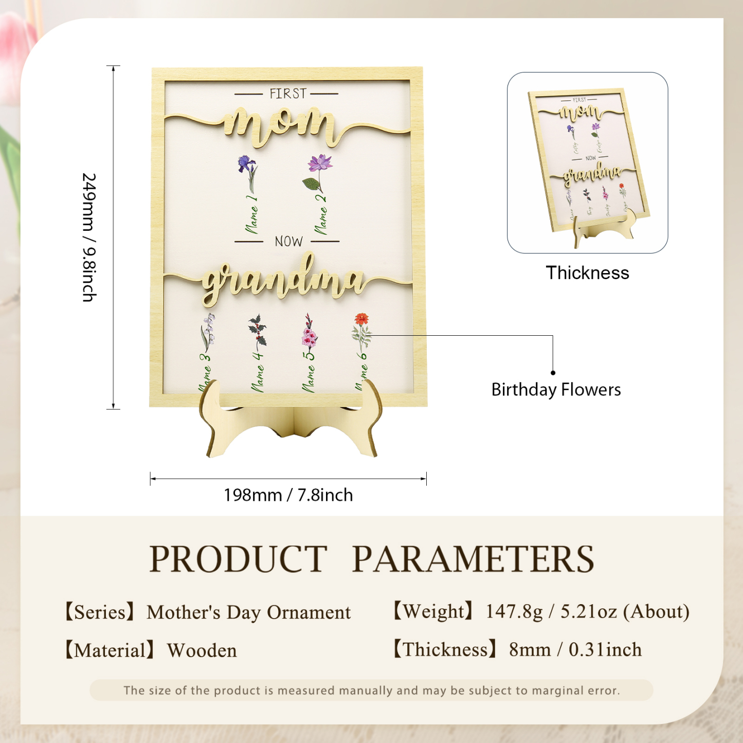 6 Names - Personalized Customized Birth Flower Home Frame Wooden Decoration for Mom/Grandma