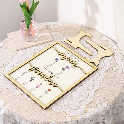 6 Names - Personalized Customized Birth Flower Home Frame Wooden Decoration for Mom/Grandma