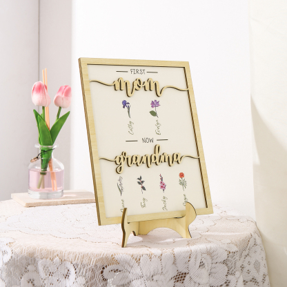 6 Names - Personalized Customized Birth Flower Home Frame Wooden Decoration for Mom/Grandma