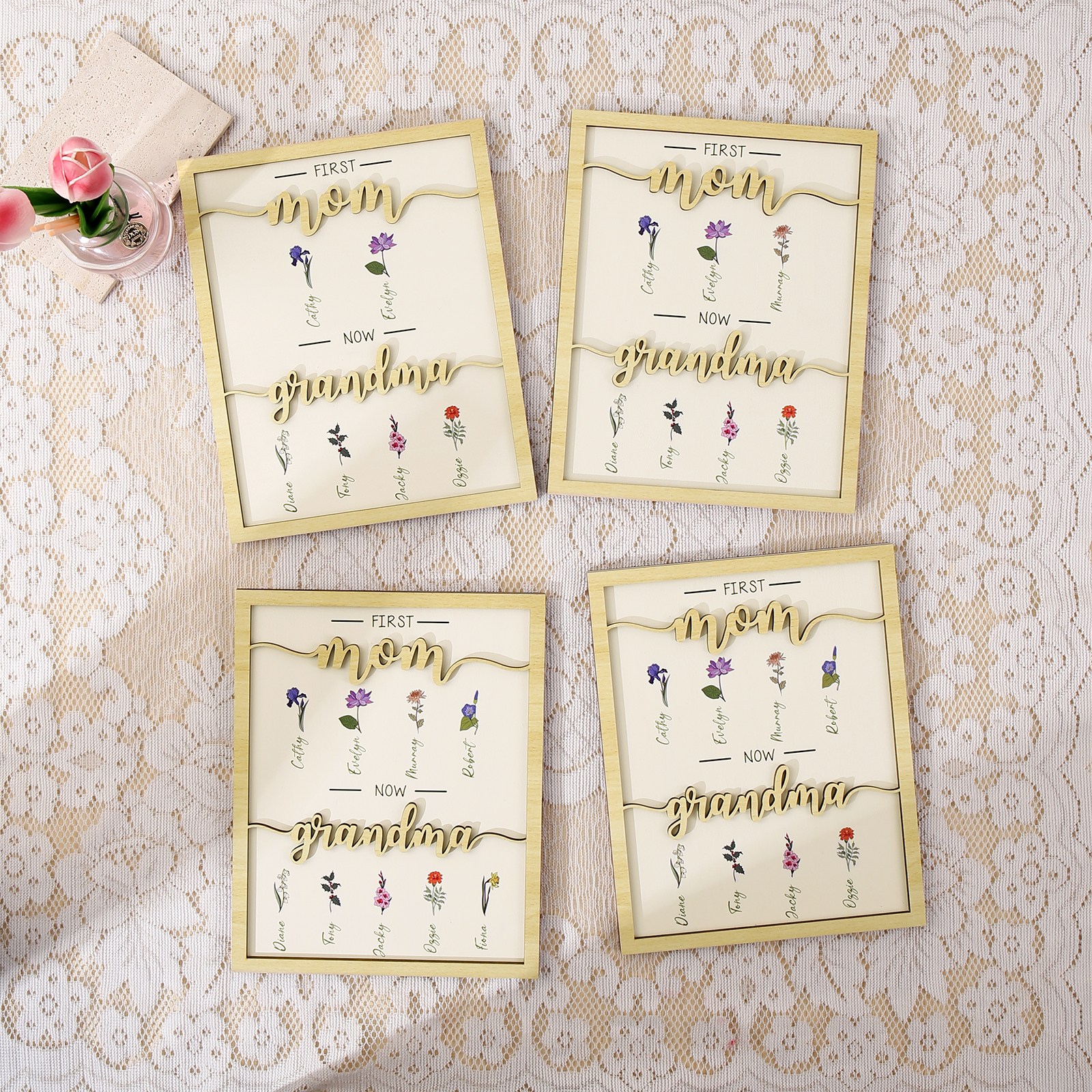 7 Names - Personalized Customized Birth Flower Home Frame Wooden Decoration for Mom/Grandma