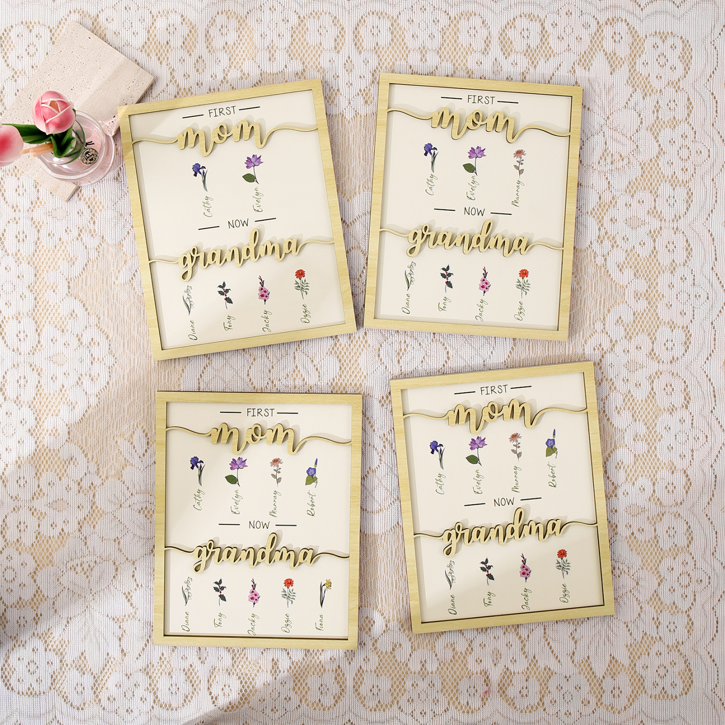 7 Names - Personalized Customized Birth Flower Home Frame Wooden Decoration for Mom/Grandma