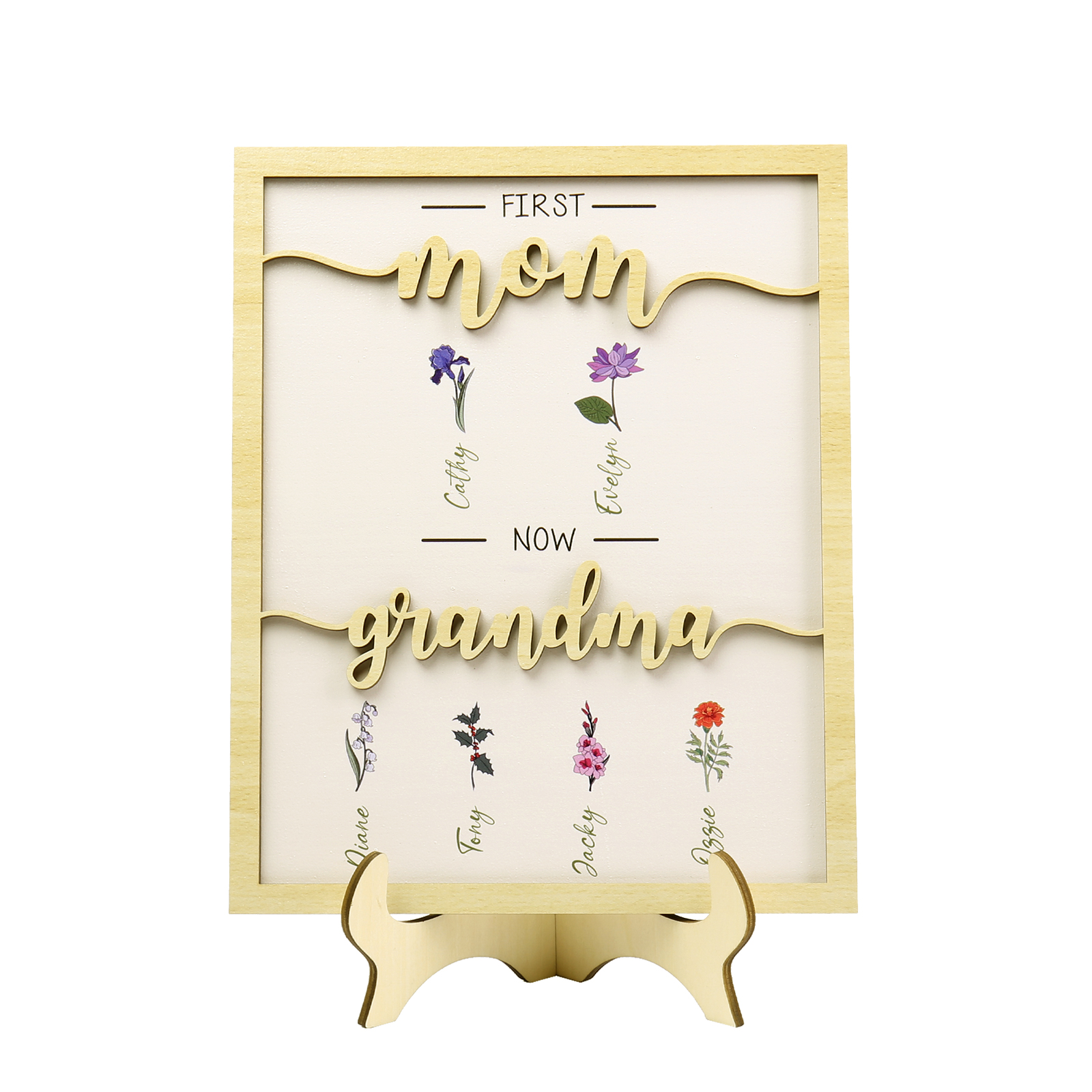 6 Names - Personalized Customized Birth Flower Home Frame Wooden Decoration for Mom/Grandma