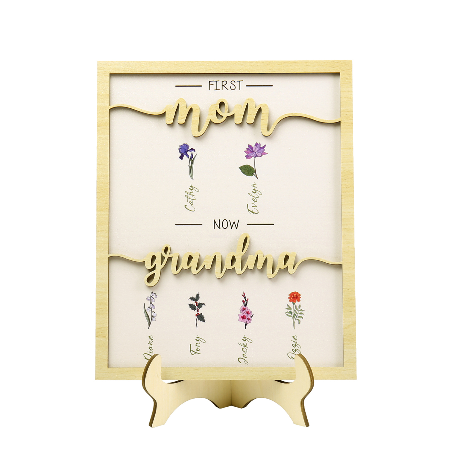6 Names - Personalized Customized Birth Flower Home Frame Wooden Decoration for Mom/Grandma