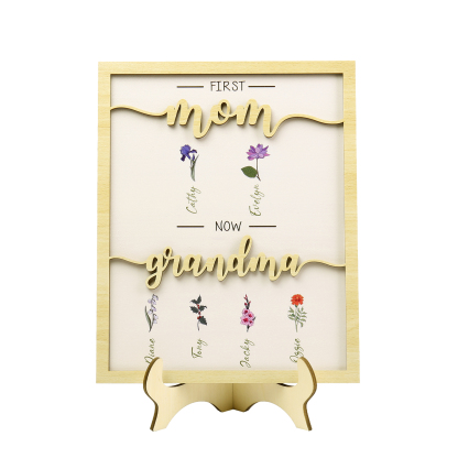 6 Names - Personalized Customized Birth Flower Home Frame Wooden Decoration for Mom/Grandma