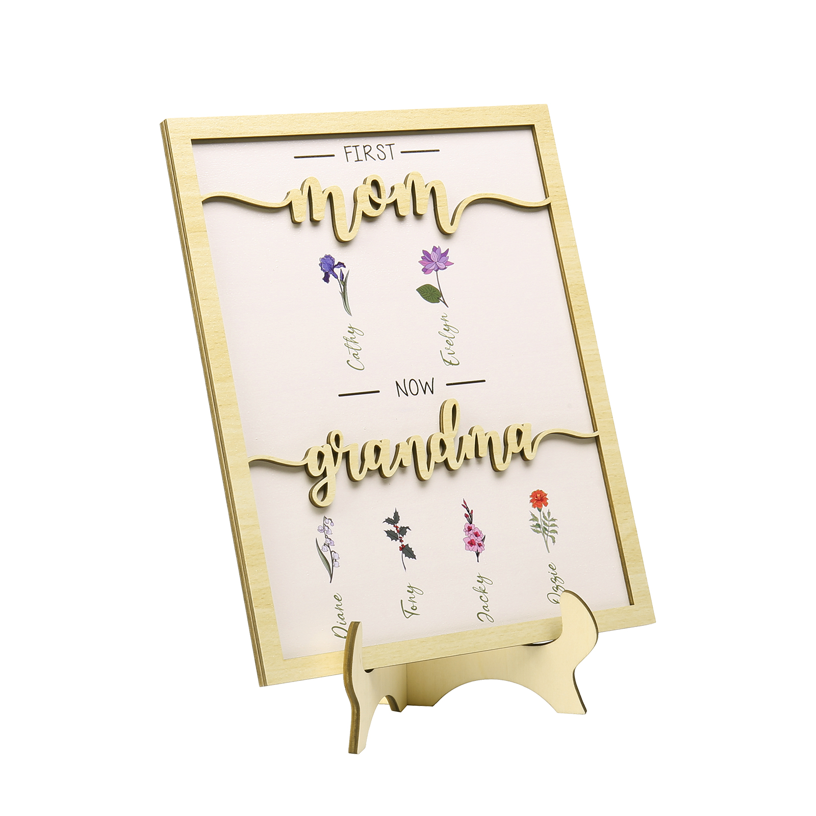 6 Names - Personalized Customized Birth Flower Home Frame Wooden Decoration for Mom/Grandma