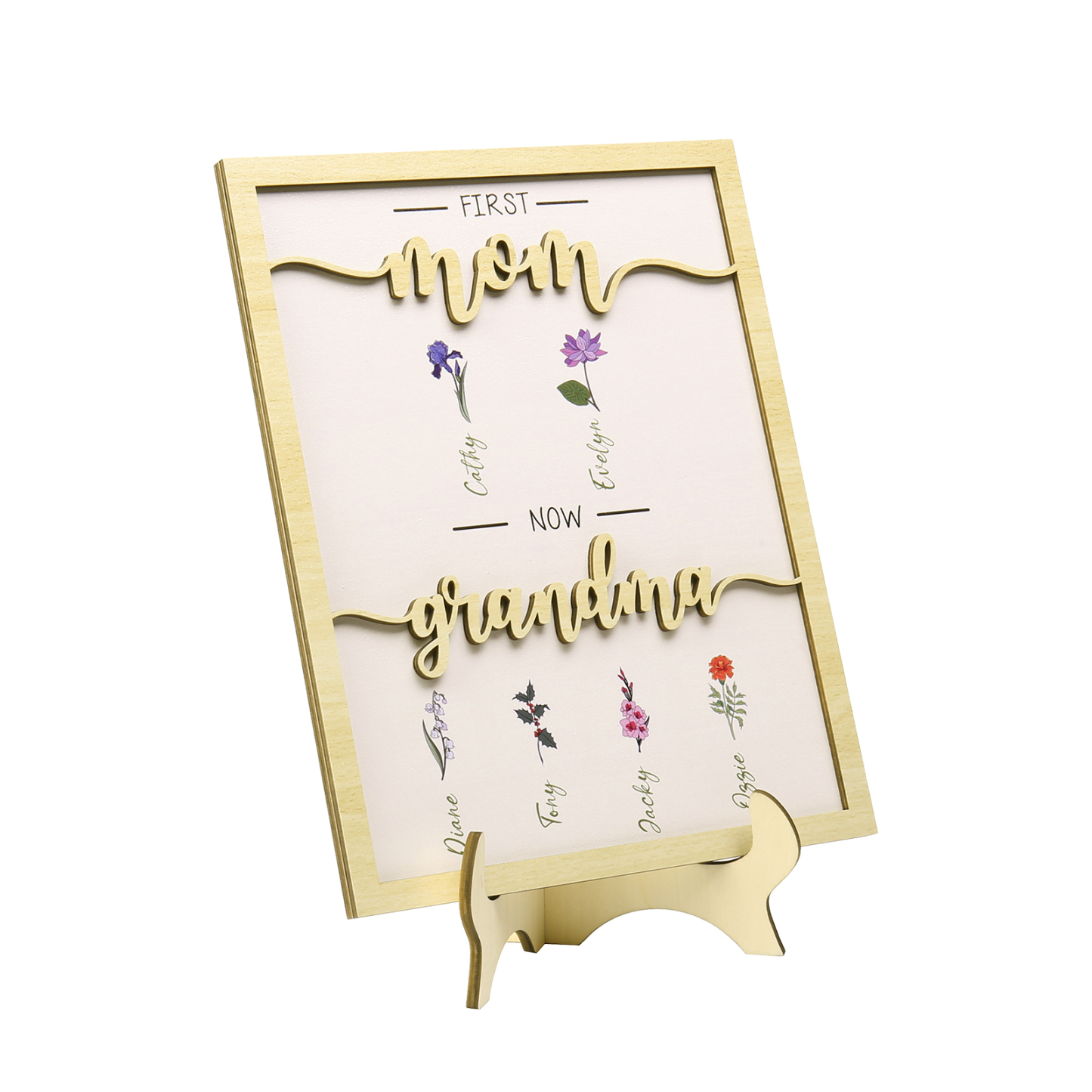 6 Names - Personalized Customized Birth Flower Home Frame Wooden Decoration for Mom/Grandma