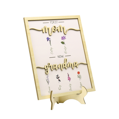 6 Names - Personalized Customized Birth Flower Home Frame Wooden Decoration for Mom/Grandma