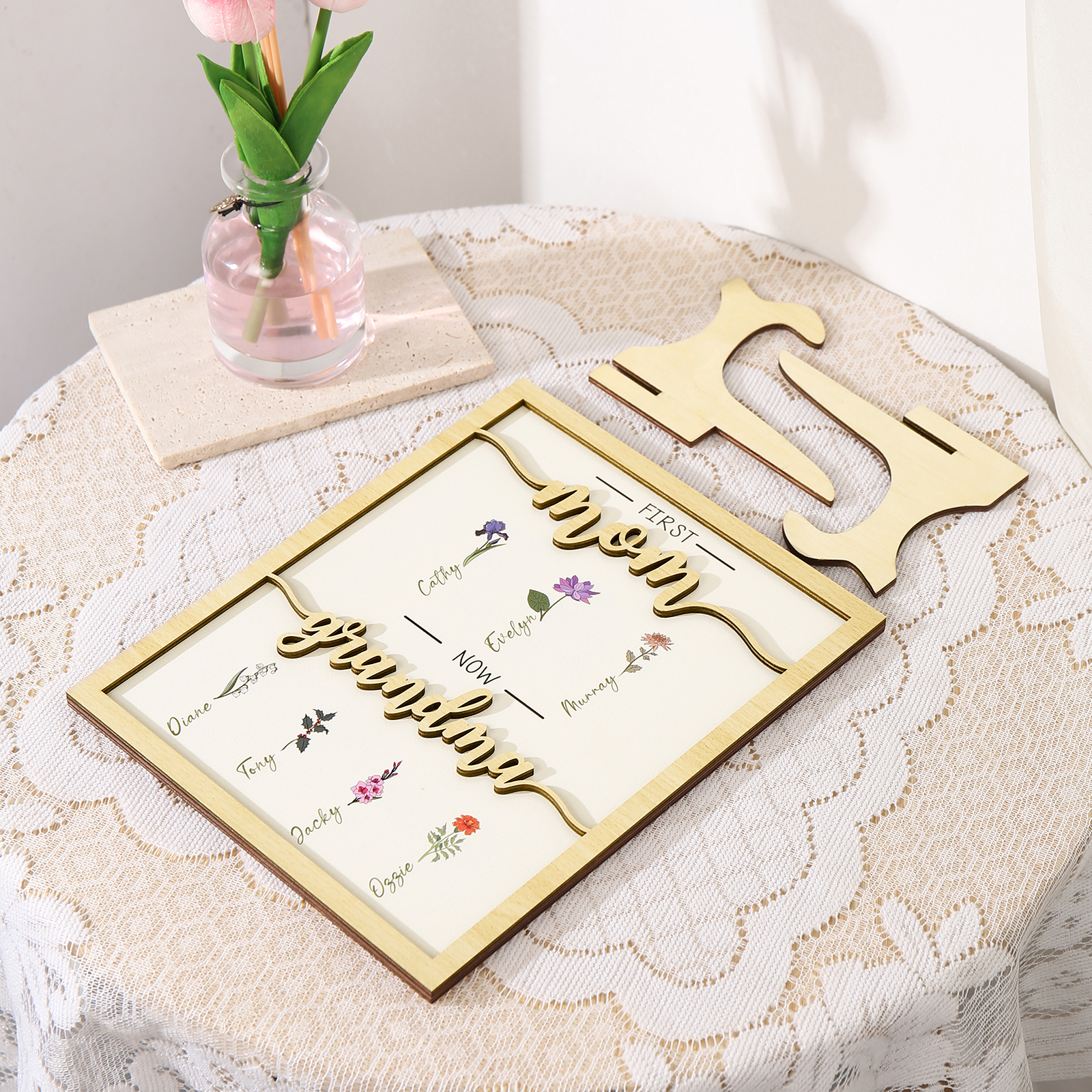 7 Names - Personalized Customized Birth Flower Home Frame Wooden Decoration for Mom/Grandma