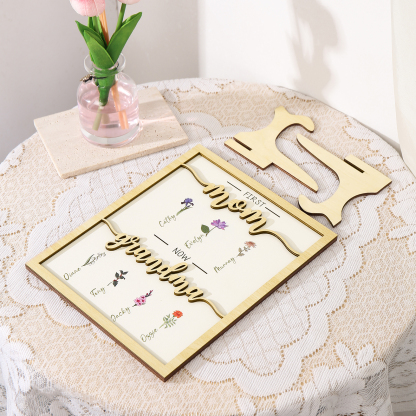 7 Names - Personalized Customized Birth Flower Home Frame Wooden Decoration for Mom/Grandma