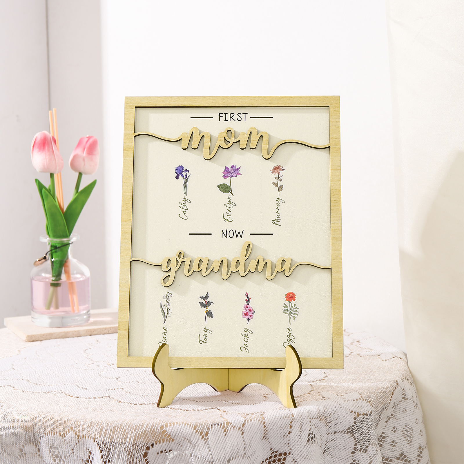 7 Names - Personalized Customized Birth Flower Home Frame Wooden Decoration for Mom/Grandma