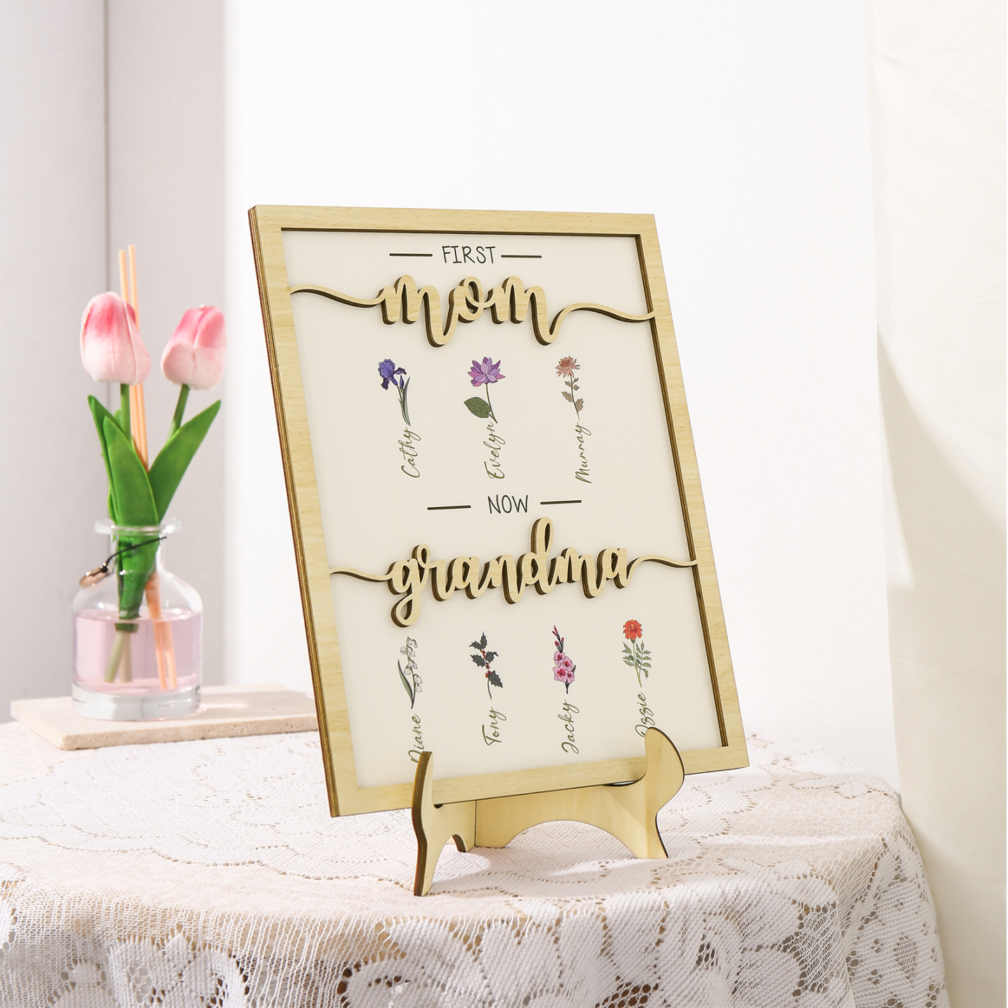 7 Names - Personalized Customized Birth Flower Home Frame Wooden Decoration for Mom/Grandma