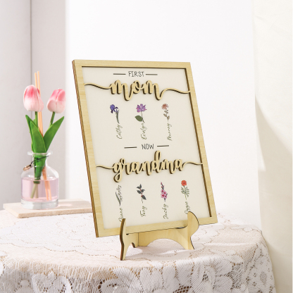 7 Names - Personalized Customized Birth Flower Home Frame Wooden Decoration for Mom/Grandma