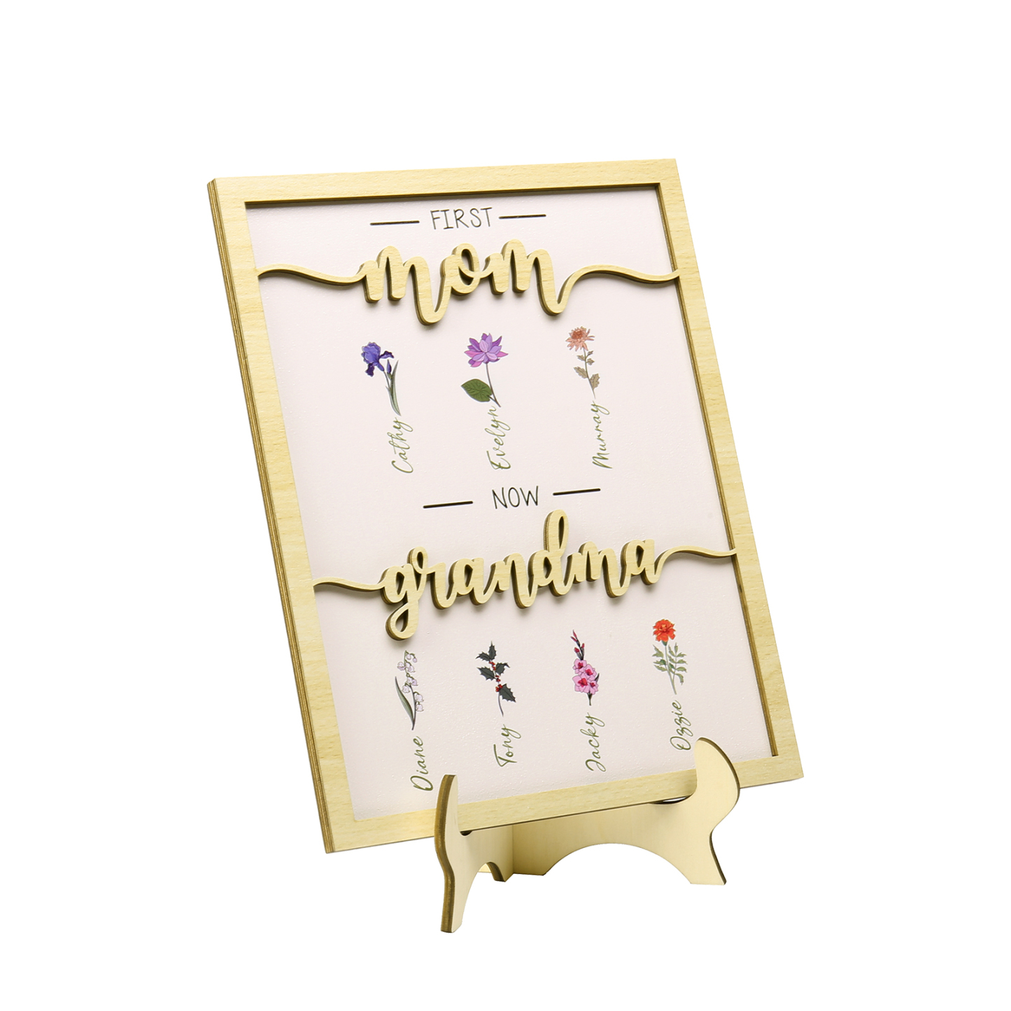 7 Names - Personalized Customized Birth Flower Home Frame Wooden Decoration for Mom/Grandma