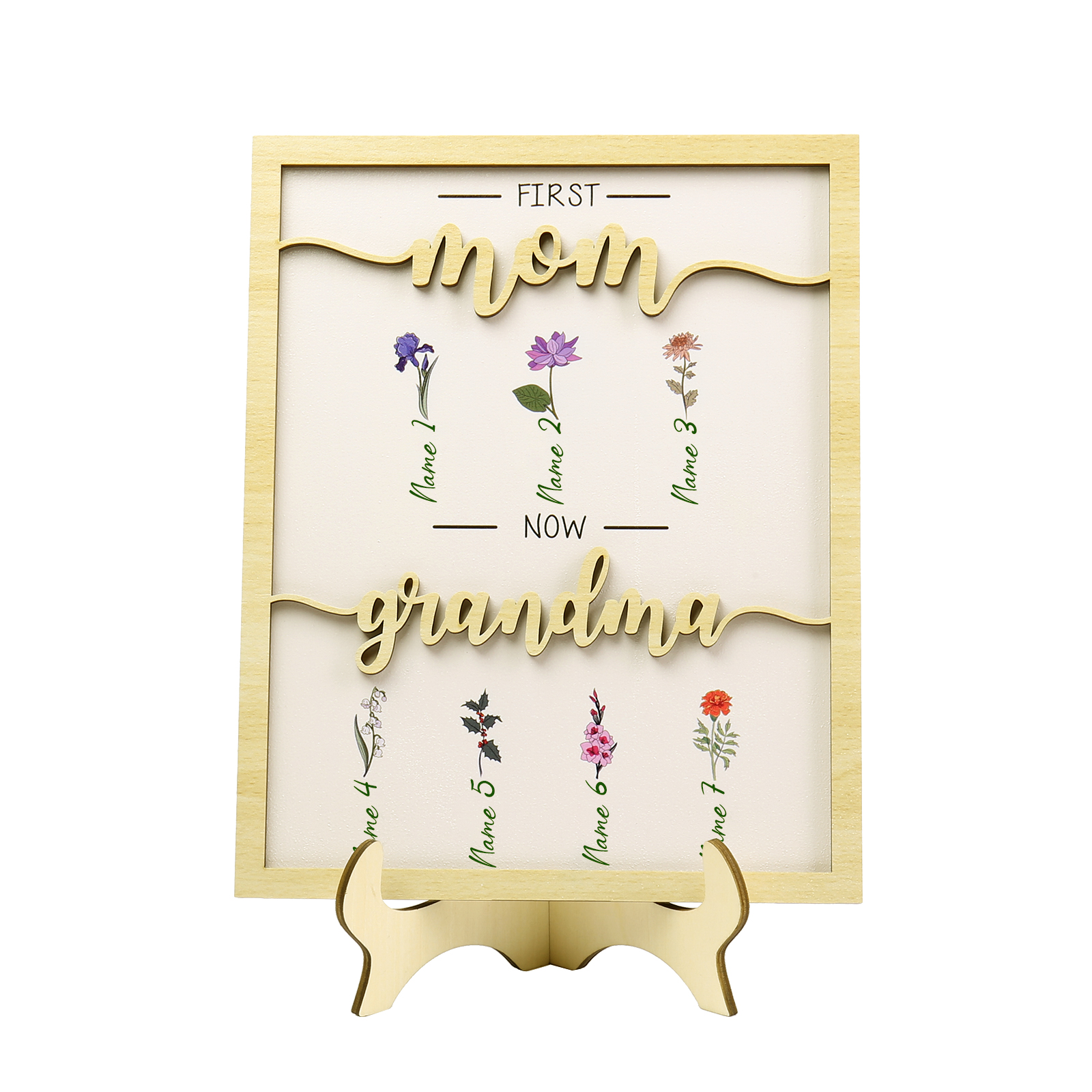 7 Names - Personalized Customized Birth Flower Home Frame Wooden Decoration for Mom/Grandma