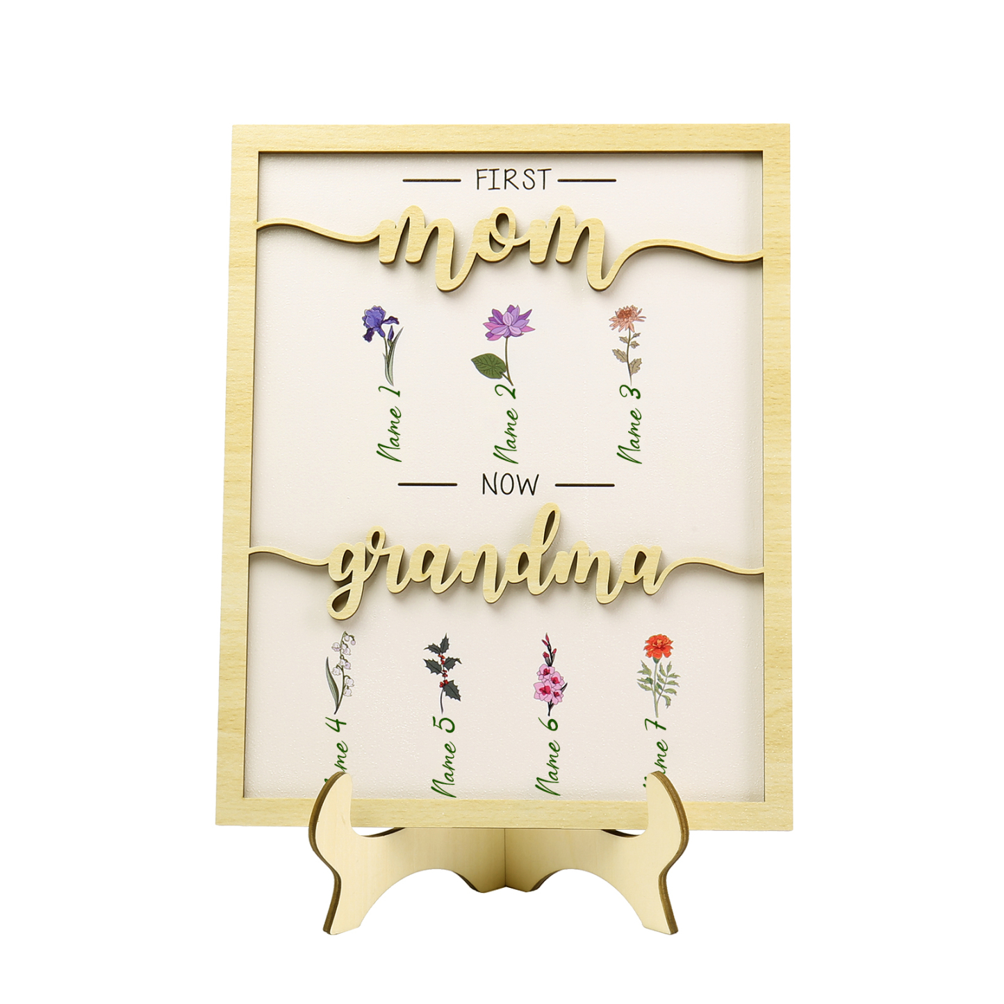 7 Names - Personalized Customized Birth Flower Home Frame Wooden Decoration for Mom/Grandma