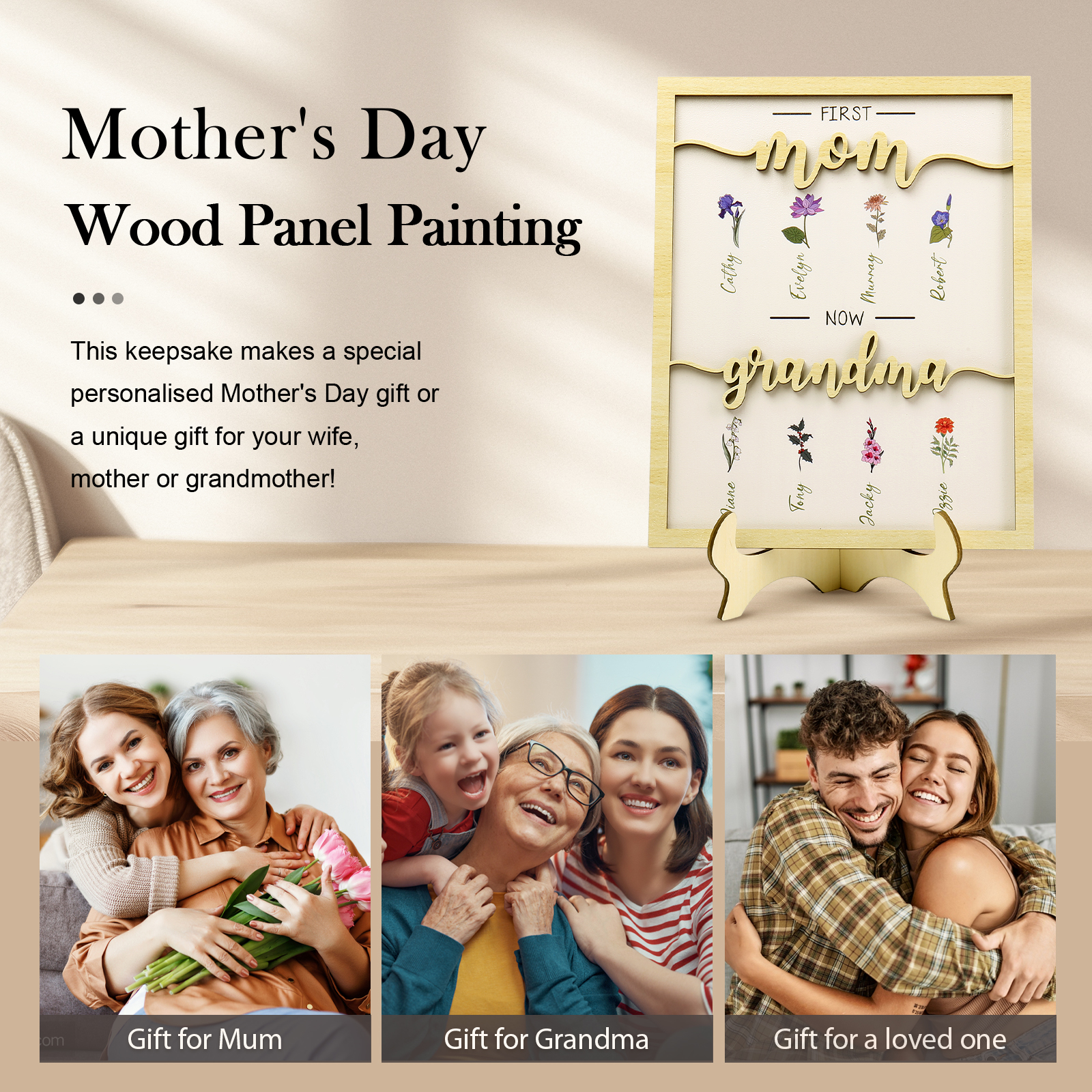 8 Names - Personalized Customized Birth Flower Home Frame Wooden Decoration for Mom/Grandma