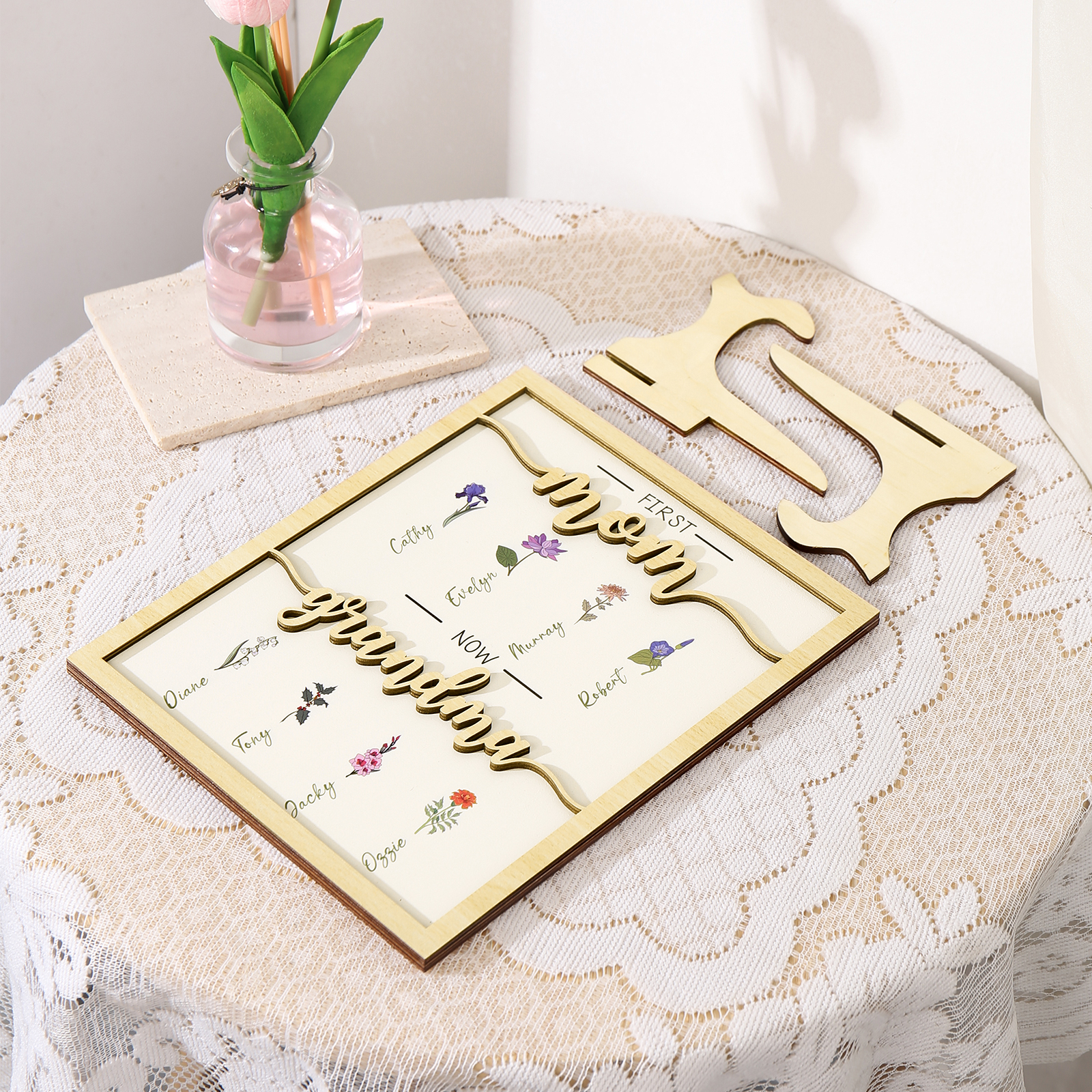 8 Names - Personalized Customized Birth Flower Home Frame Wooden Decoration for Mom/Grandma