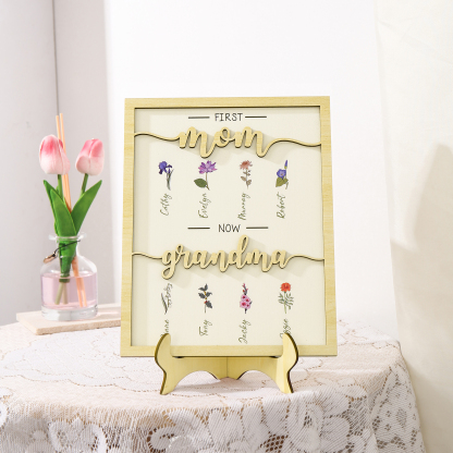 8 Names - Personalized Customized Birth Flower Home Frame Wooden Decoration for Mom/Grandma