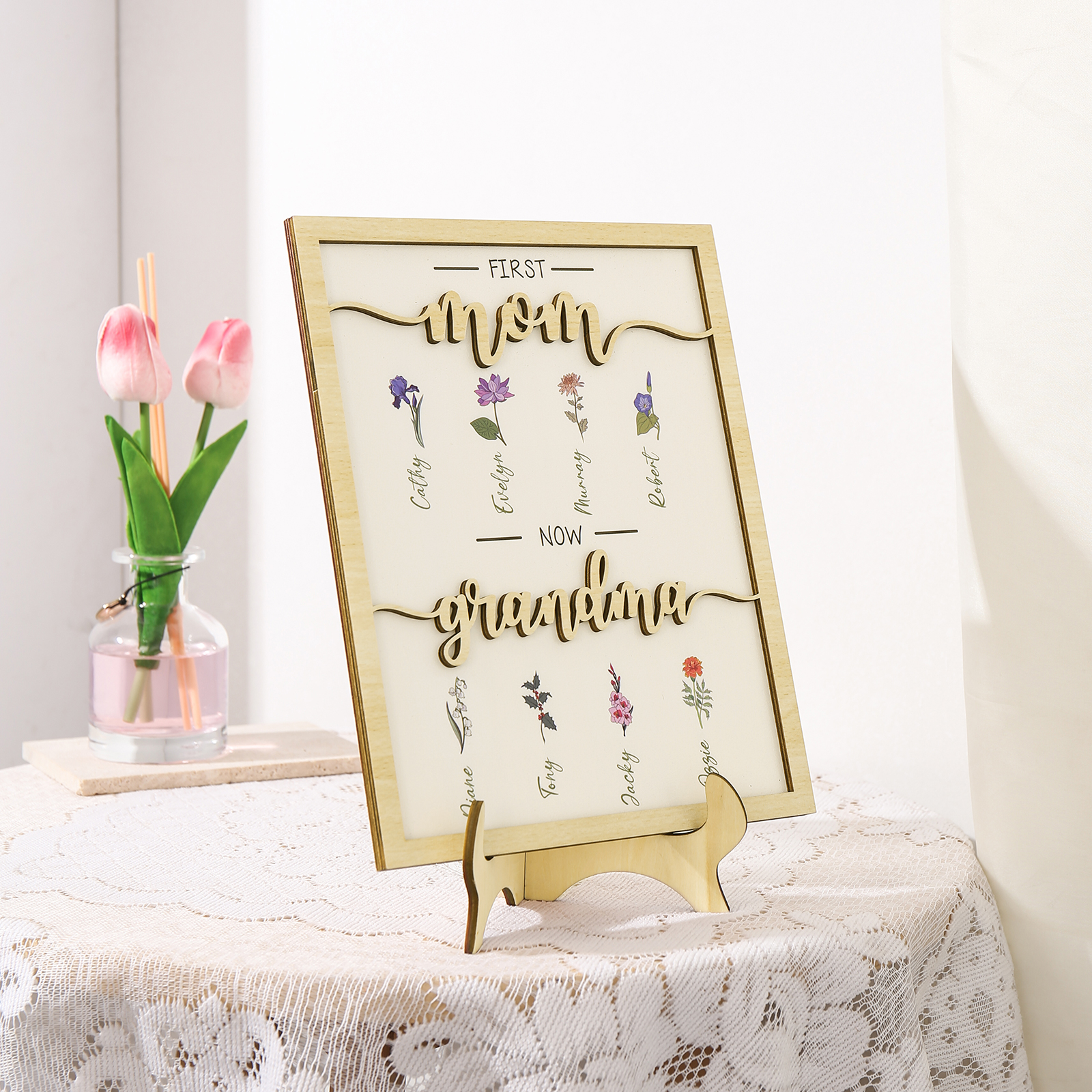 8 Names - Personalized Customized Birth Flower Home Frame Wooden Decoration for Mom/Grandma