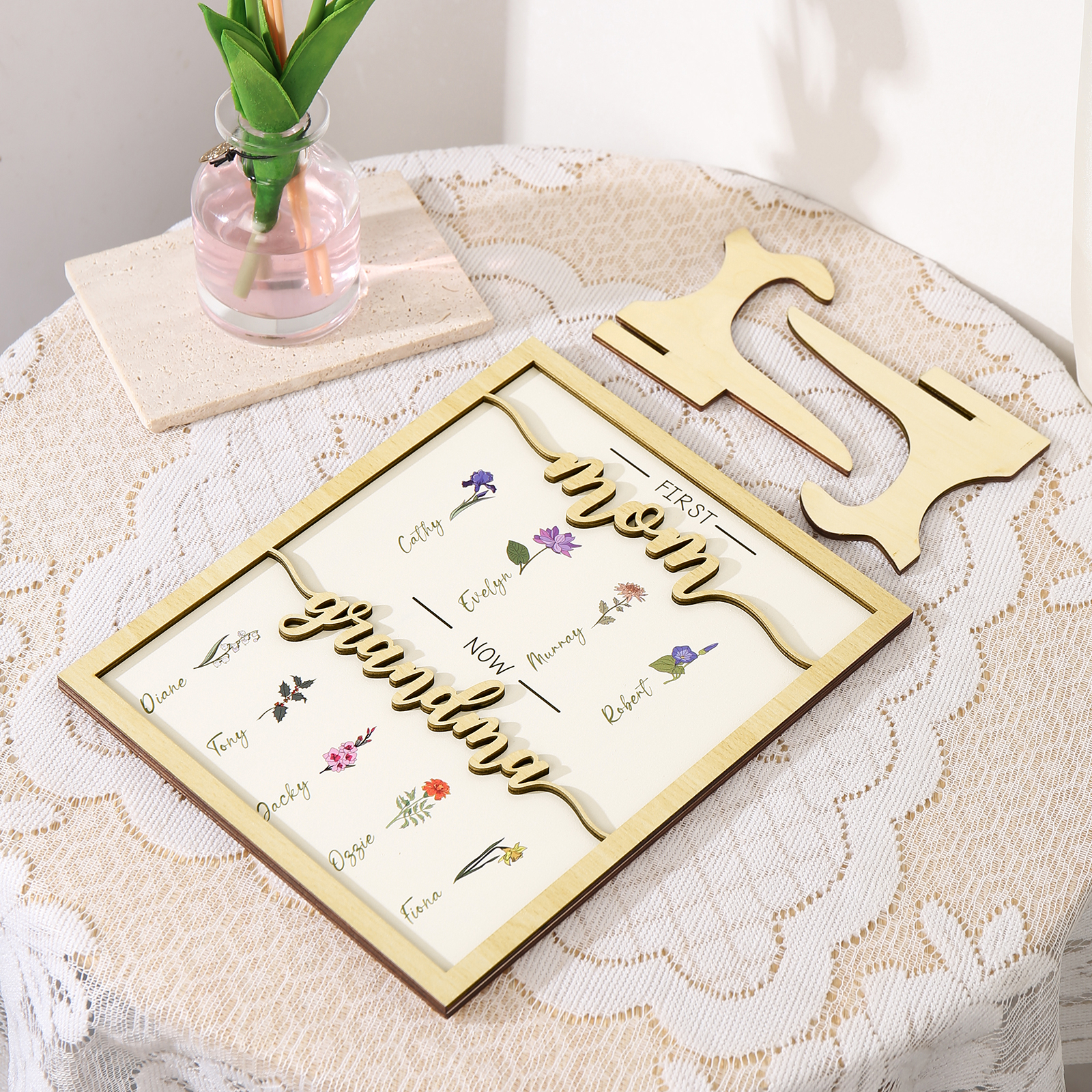 9 Names - Personalized Customized Birth Flower Home Frame Wooden Decoration for Mom/Grandma