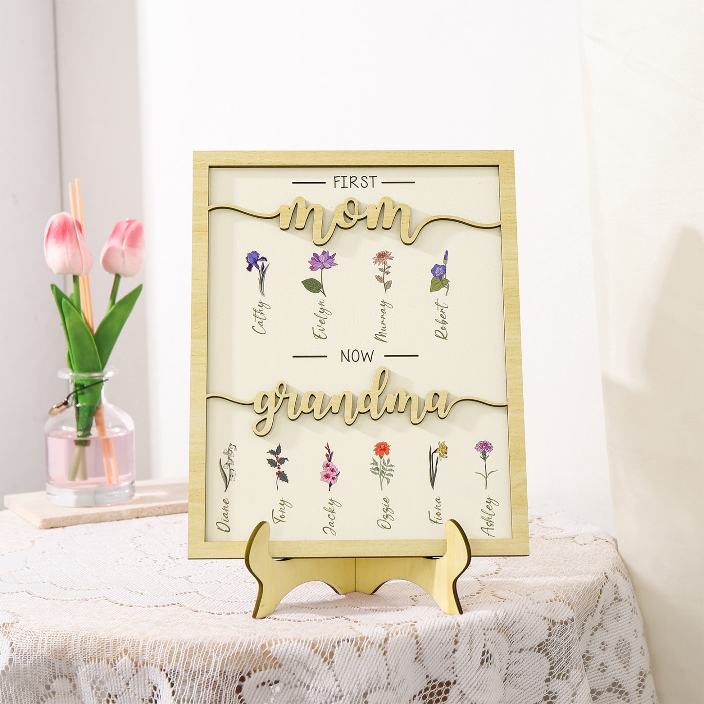 9 Names - Personalized Customized Birth Flower Home Frame Wooden Decoration for Mom/Grandma