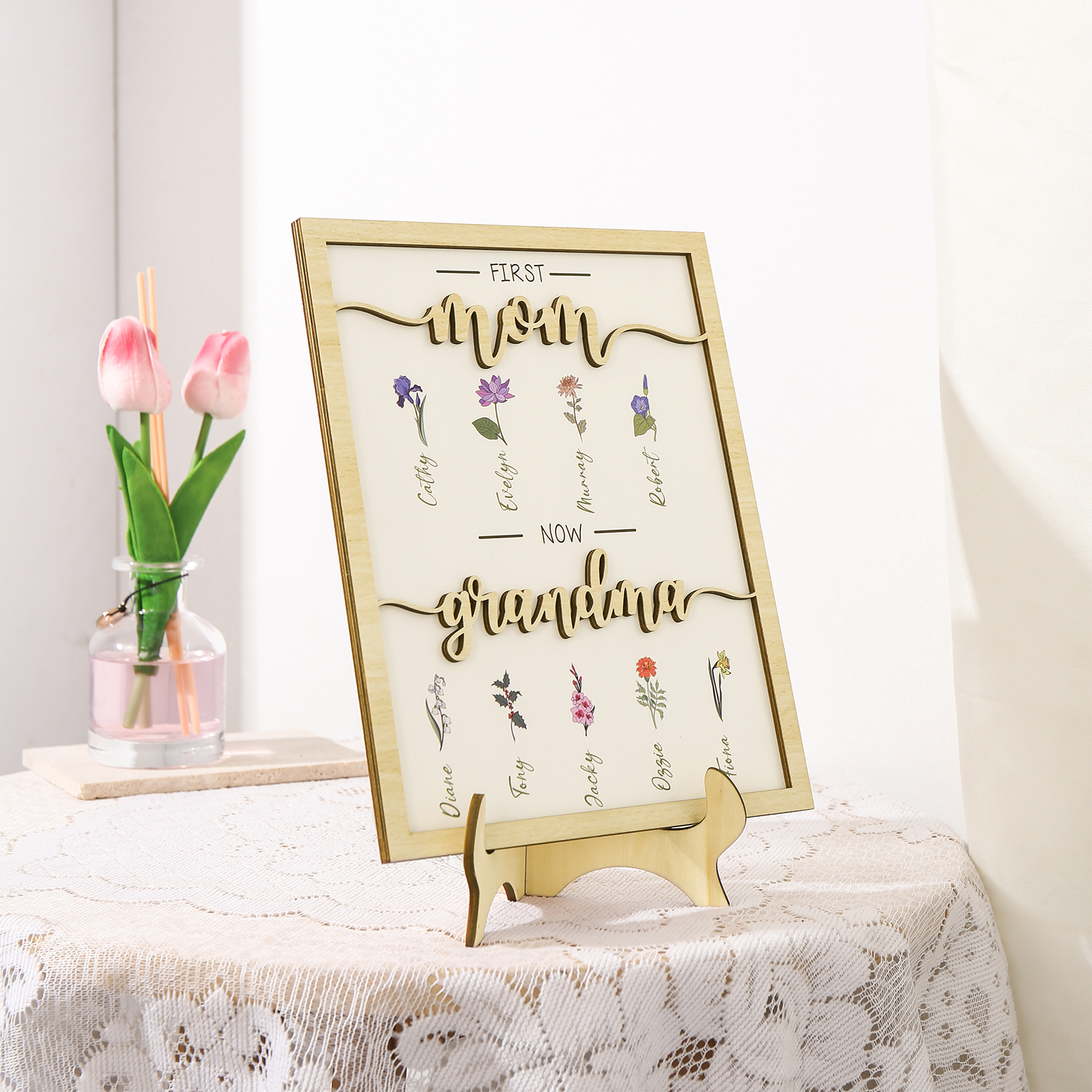 9 Names - Personalized Customized Birth Flower Home Frame Wooden Decoration for Mom/Grandma