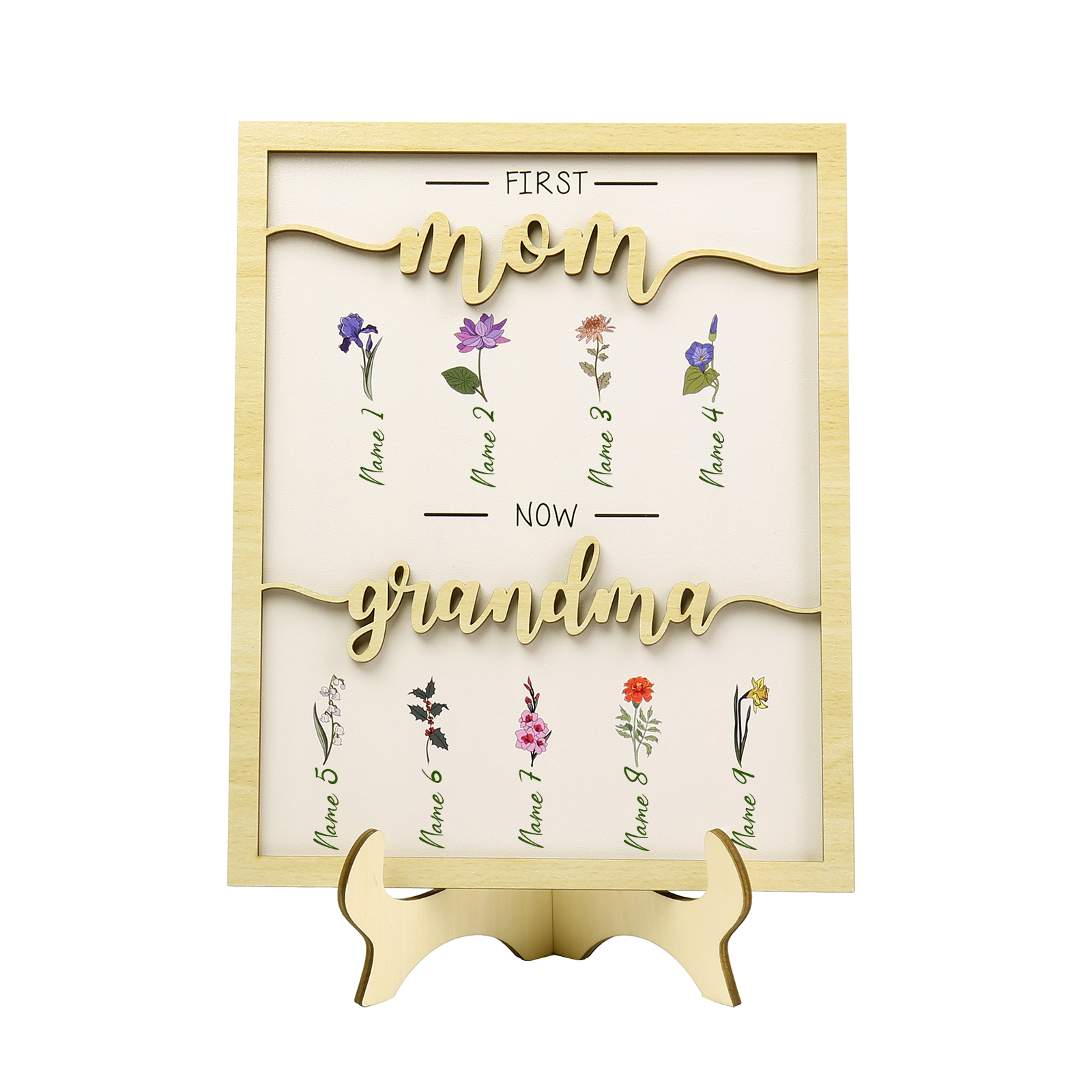 9 Names - Personalized Customized Birth Flower Home Frame Wooden Decoration for Mom/Grandma