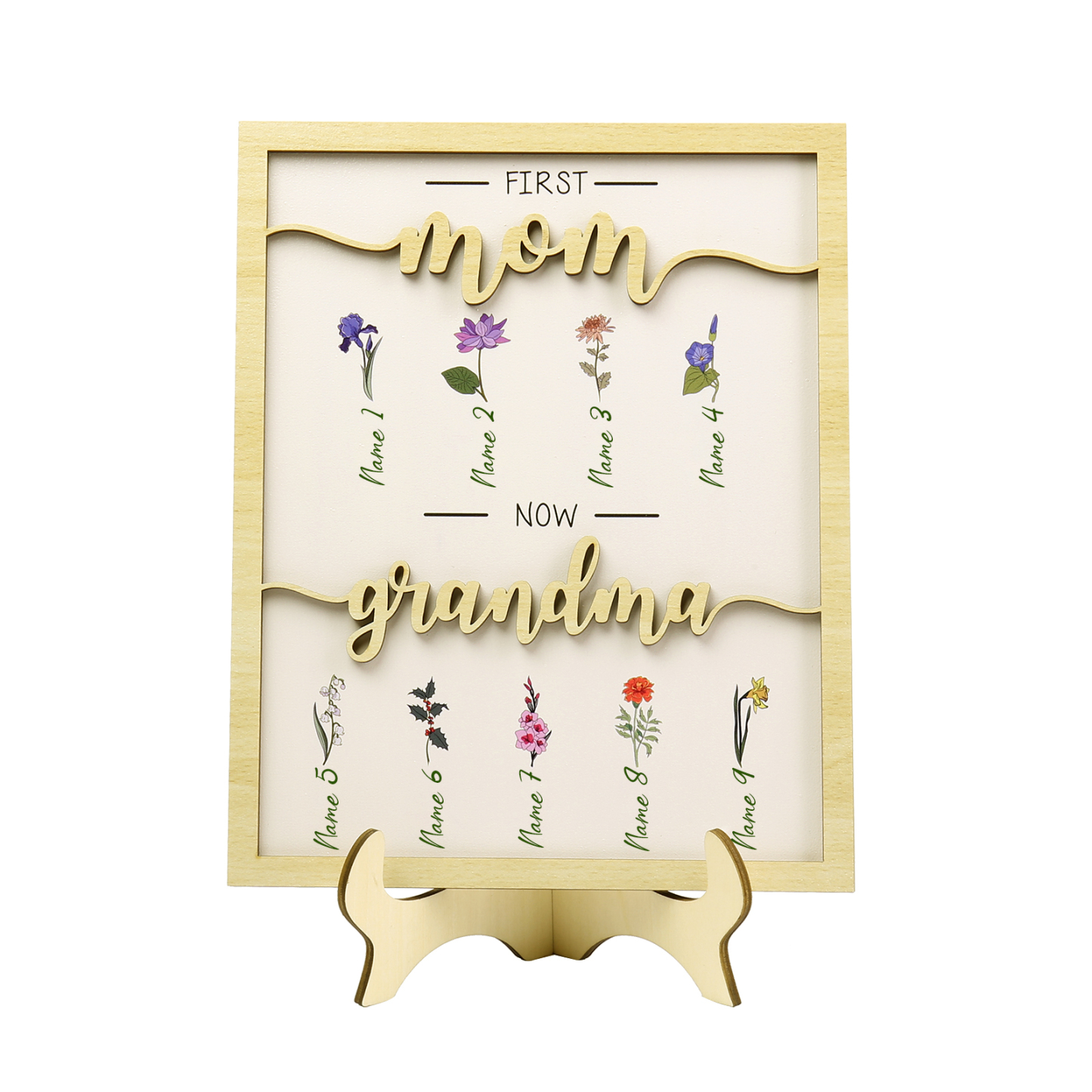 9 Names - Personalized Customized Birth Flower Home Frame Wooden Decoration for Mom/Grandma