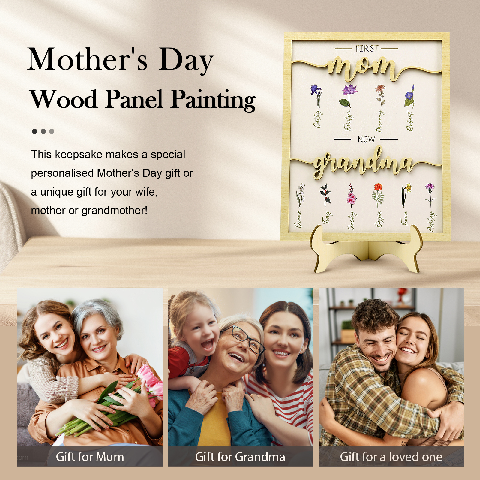 10 Names - Personalized Customized Birth Flower Home Frame Wooden Decoration for Mom/Grandma