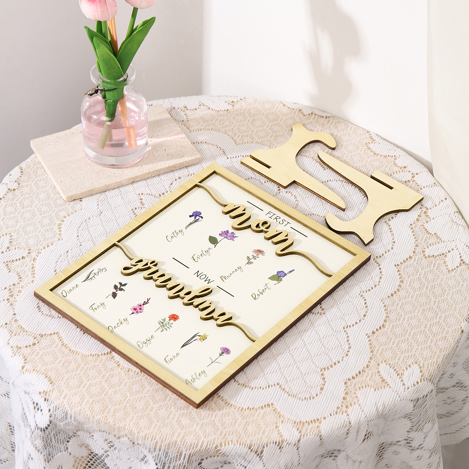 10 Names - Personalized Customized Birth Flower Home Frame Wooden Decoration for Mom/Grandma