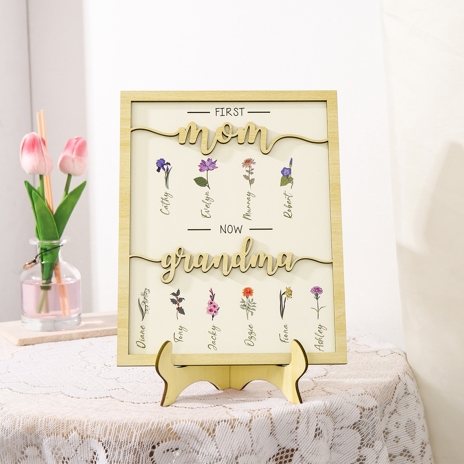 10 Names - Personalized Customized Birth Flower Home Frame Wooden Decoration for Mom/Grandma