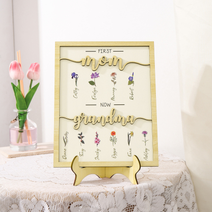 10 Names - Personalized Customized Birth Flower Home Frame Wooden Decoration for Mom/Grandma