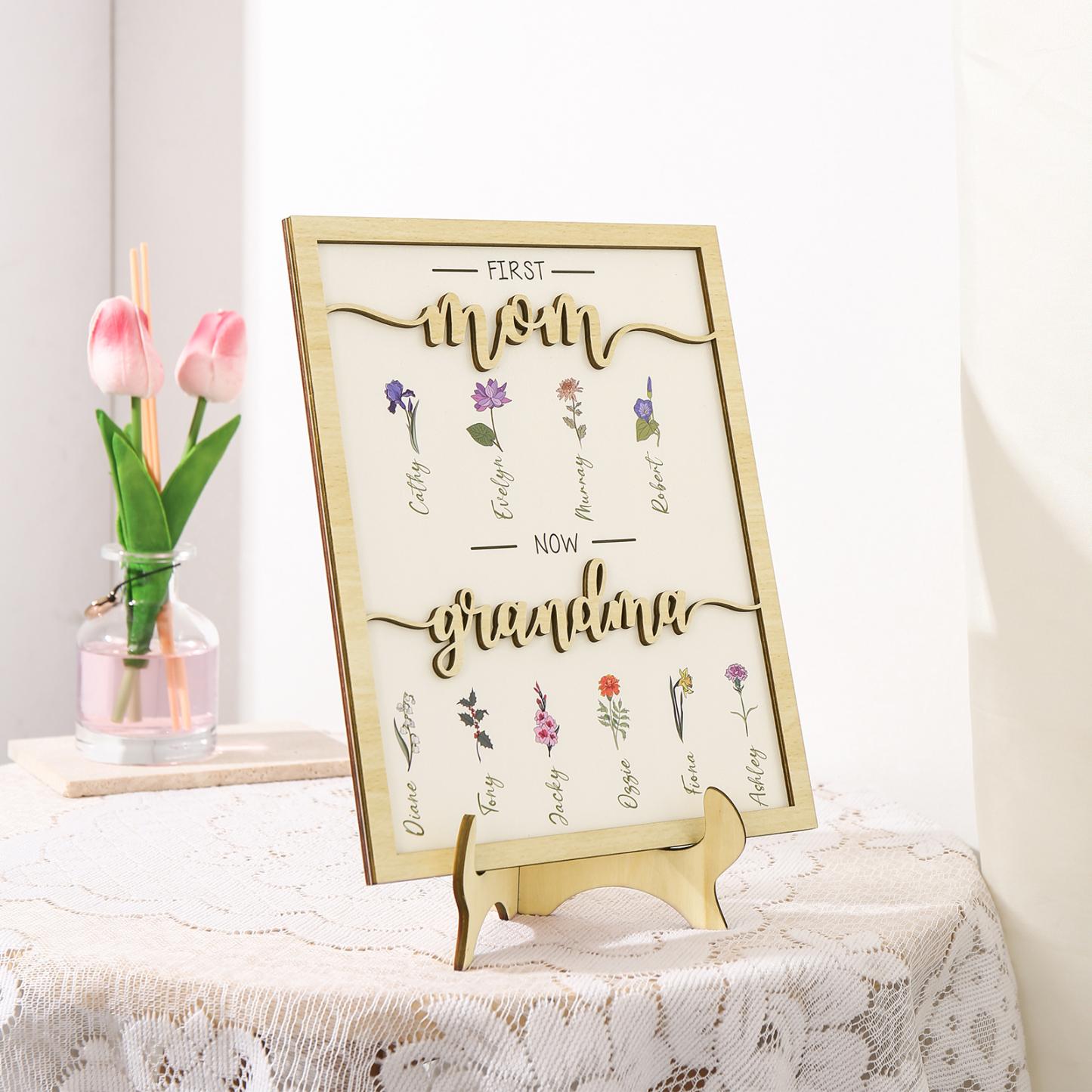 10 Names - Personalized Customized Birth Flower Home Frame Wooden Decoration for Mom/Grandma