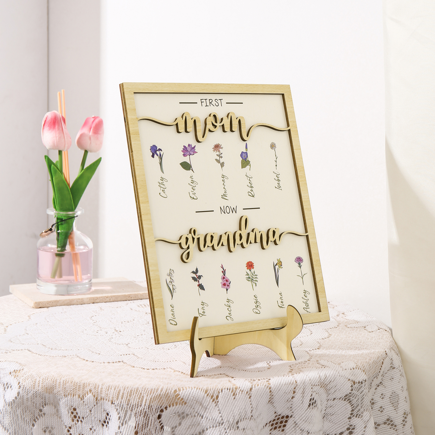 11 Names - Personalized Customized Birth Flower Home Frame Wooden Decoration for Mom/Grandma