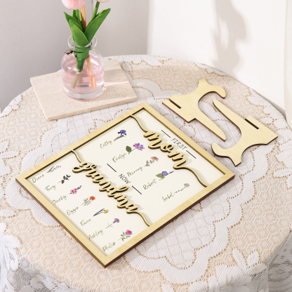 12 Names - Personalized Customized Birth Flower Home Frame Wooden Decoration for Mom/Grandma